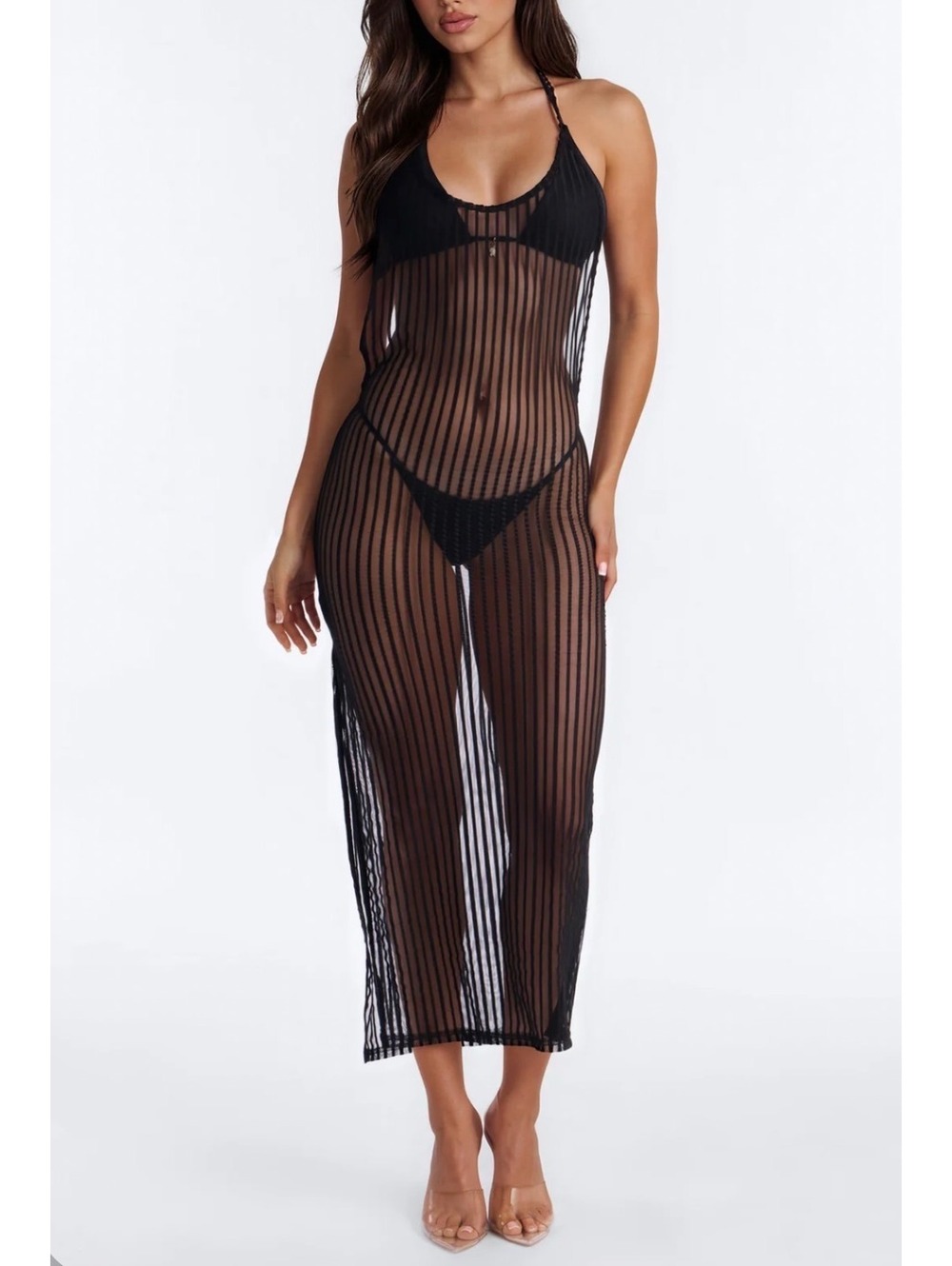 Fashion Nova / Palm Shade Stripe Cover Up Maxi Dress / Black